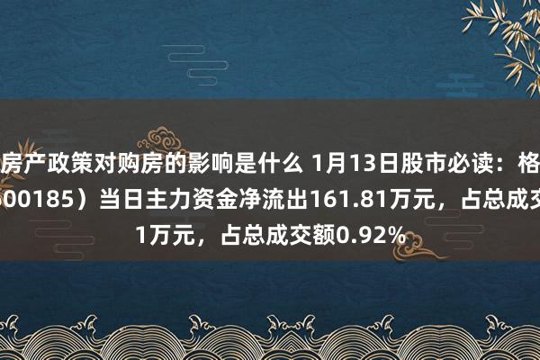 房产政策对购房的影响是什么 1月13日股市必读：格力地产（600185）当日主力资金净流出161.81万元，占总成交额0.92%